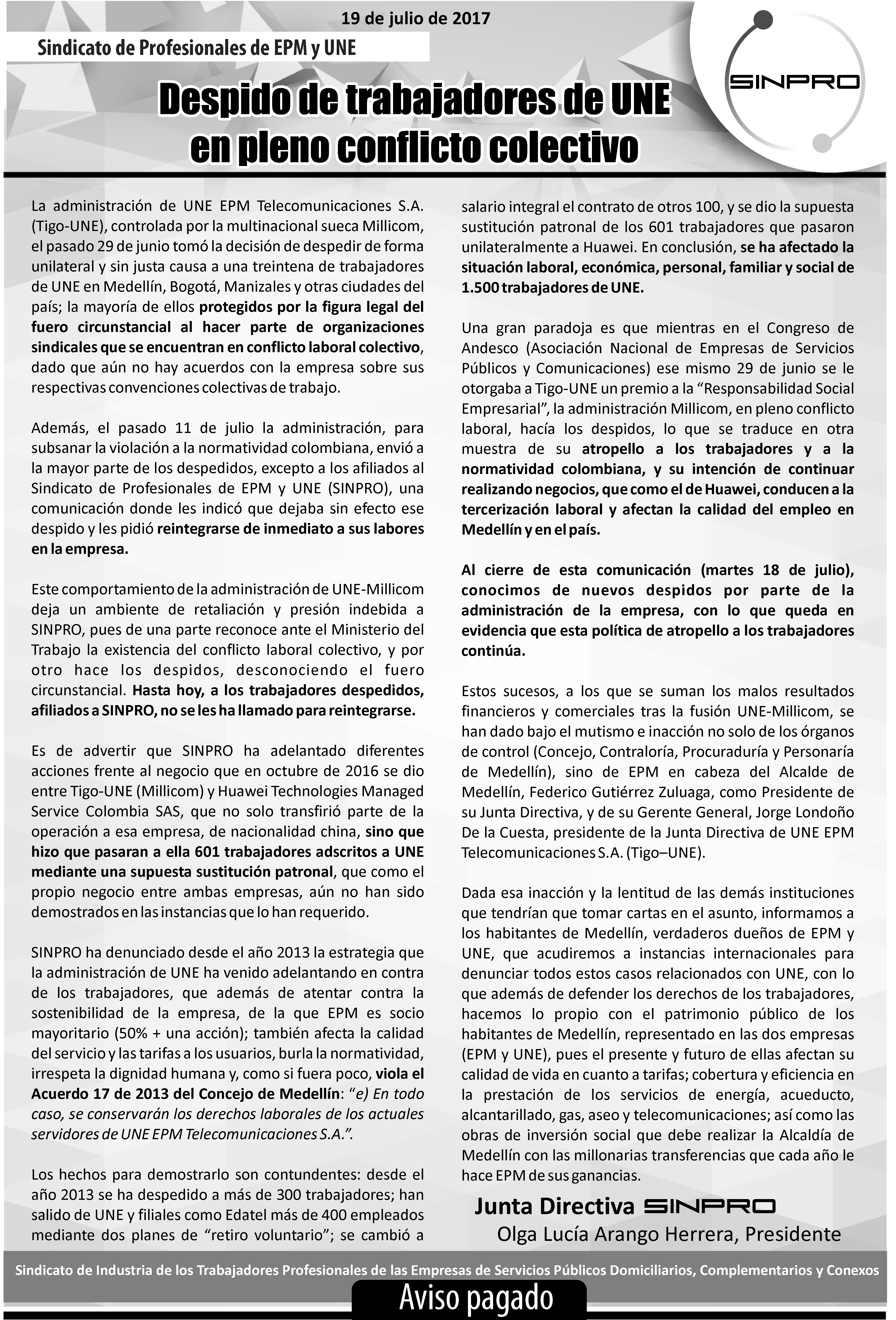 Aviso de prensa 18 de julio de 2017